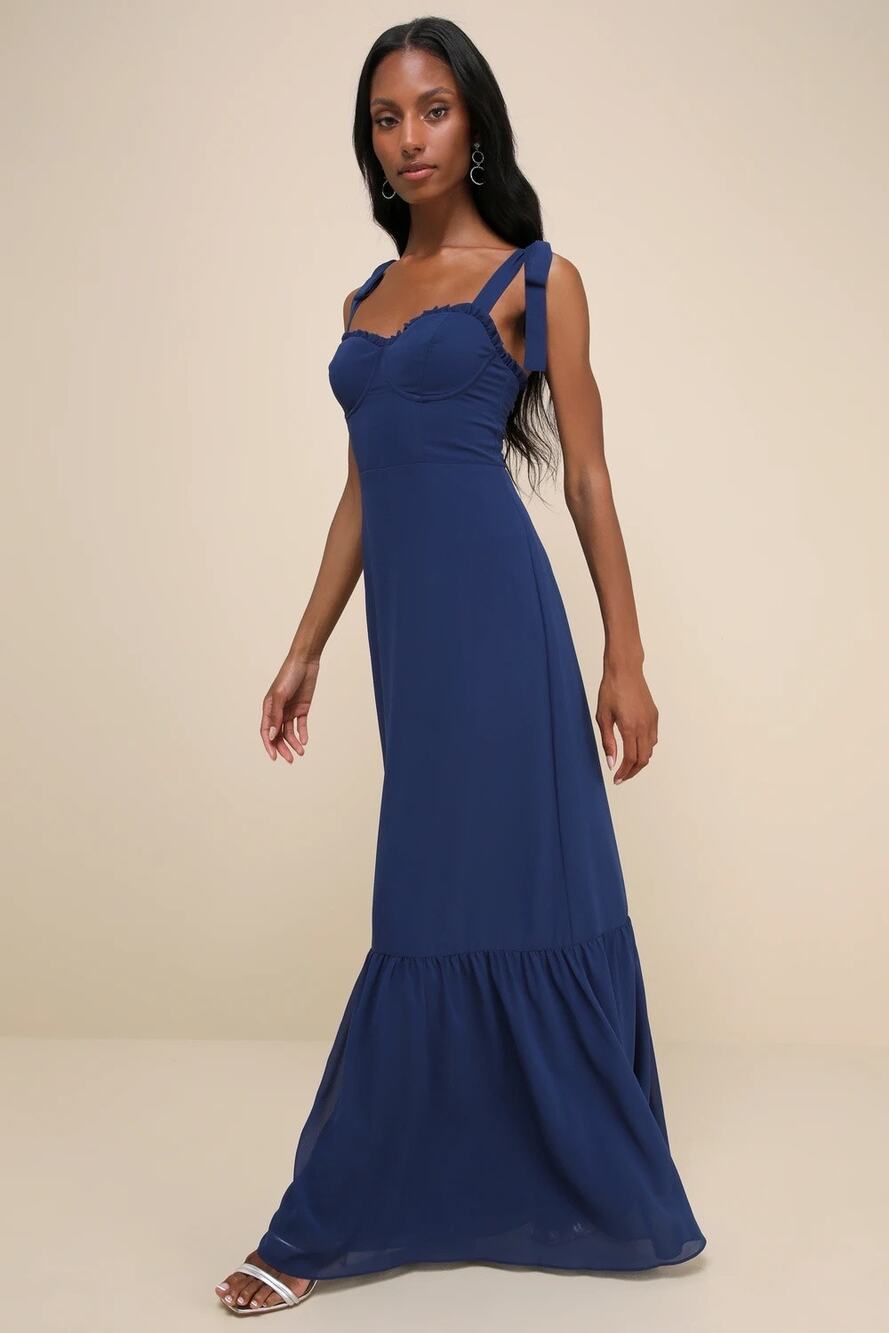NWOT Lulus Truly Gorgeous Dark Blue Ruffled Bustier Tie-Strap Maxi Dress Size XL